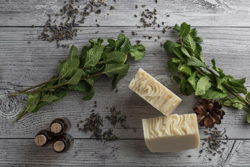 White soap with mint and bottles