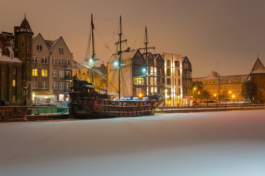 Winter scenery of Motlawa river and  Gdansk at night, Poland, Europe.