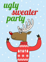 cute deer in a funny sweater with text ugly sweater party