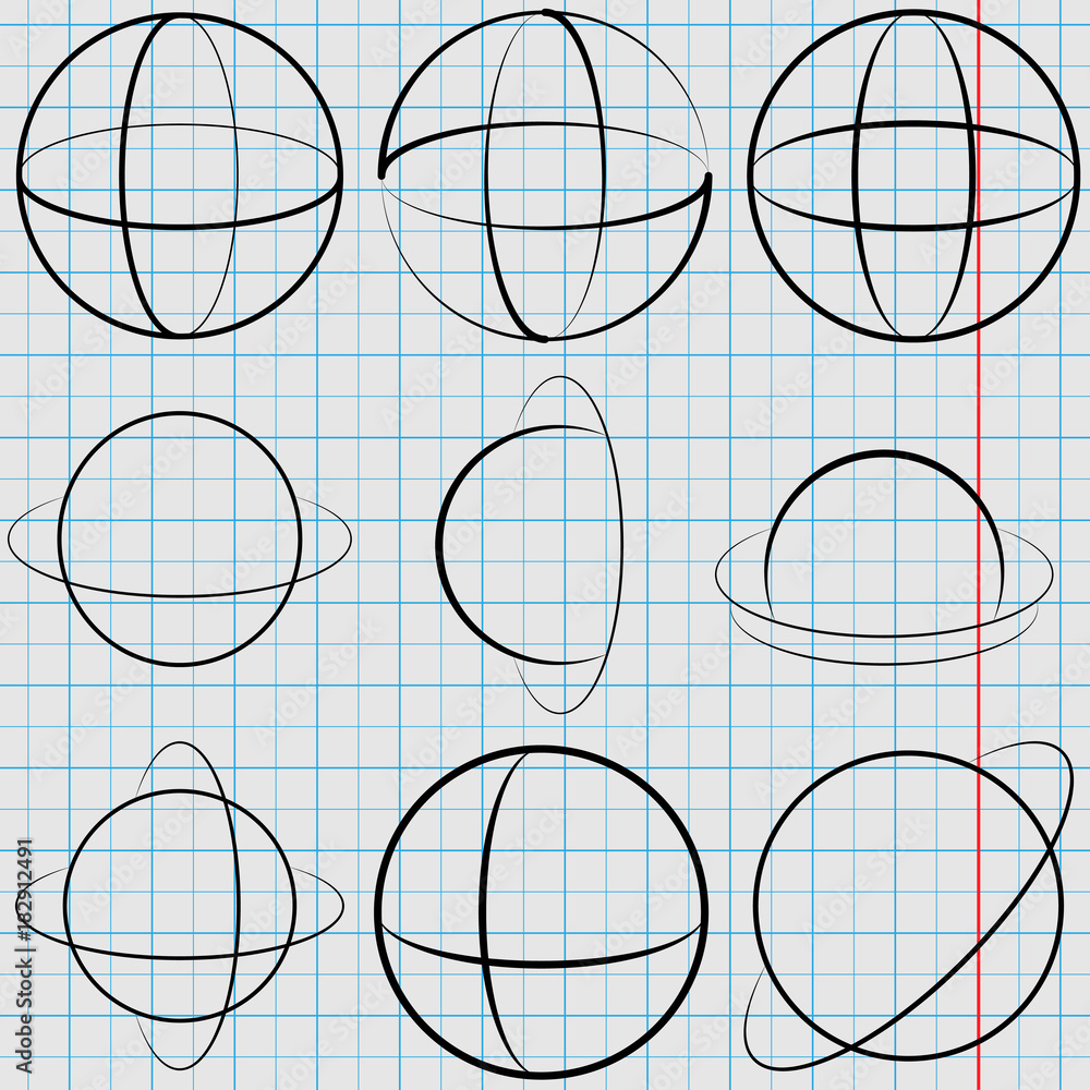 Poster geometric oval shapes in the form of a globe, flat design on a retro notebook background in a box. v