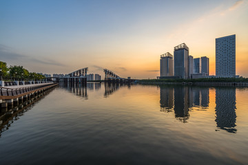 Fototapeta premium urban skyline and modern buildings at dusk, cityscape of China..