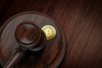 Judge gavel crushing Bitcoin. Bitcoin traders law problems concept. 3D rendering