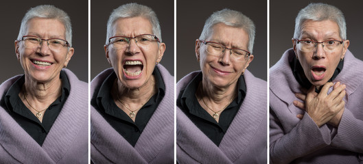 Fototapeta premium Senior elderly lady expressing different emotions: happiness, anger, sadness and fear