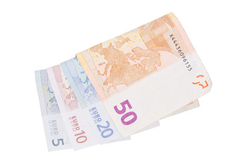 Euro banknotes on a white background