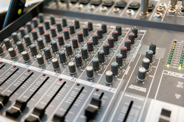 Close up of music mixer equalizer console for mixer control sound device. .