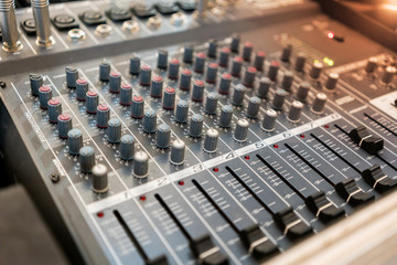 Close up of music mixer equalizer console for mixer control sound device. .