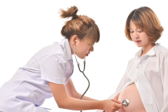 Portrait  of doctor Care about young pregnant woman on white background. This image for  healthcare concept.
