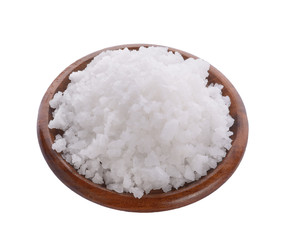 salt in wood plate on white background