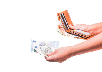 The hand takes out 20 euro money from the wallet. Hand sharing euro banknotes. Financial, money...