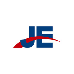 Initial letter JE, overlapping movement swoosh logo, red blue color