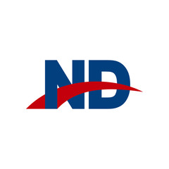 Initial letter ND, overlapping movement swoosh logo, red blue color