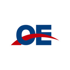 Initial letter OE, overlapping movement swoosh logo, red blue color