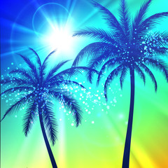 Fototapeta na wymiar Summer background with palm silhouettes, and sunlight, vector illustration