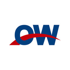 Initial letter OW, overlapping movement swoosh logo, red blue color