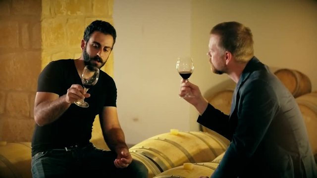 Man sommelier in wine tasting room talking with taster before purchase