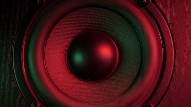 High quality loudspeakers in dj shop.Buy hifi sound system for sound recording studio.Professional hi-fi cabinet speaker box on sale in action .Audio equipment for audio record studios. Red light