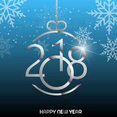 Happy New Year greeting card with shining silver text and snow on blue background. 2018 Vector