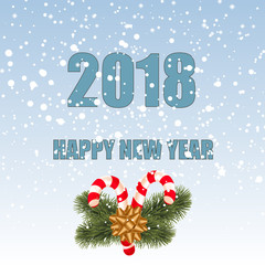 Happy New Year greeting card with shining silver text and snow on blue background. 2018 Vector