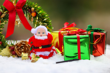 Santa claus and Gift box, Snow man on snow background. Christmas steering wheel, Red ribbon on winter background. Delivering happy holidays. Use for wallpaper.