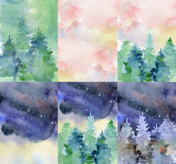 Watercolor set with abstract and night sky and fir trees backgrounds