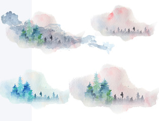 Watercolor abstract woddland, fir trees silhouette with ashes and splashes, winter background
