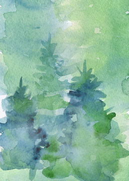 Watercolor abstract woddland, fir trees silhouette with ashes and splashes, winter background