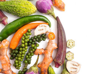 Group of fresh vegetables and herbs on white background. Free space for text