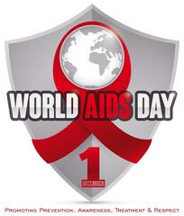 Red Ribbon, Shield and World Map for AIDS Day Celebration, Vector Illustration