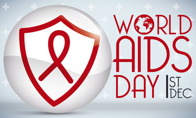 Button with Shield Design for World AIDS Day Celebration, Vector Illustration