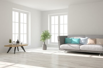 Idea of white minimalist room with sofa. Scandinavian interior design. 3D illustration