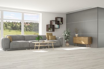 Idea of white room with sofa and summer landscape in window. Scandinavian interior design. 3D illustration