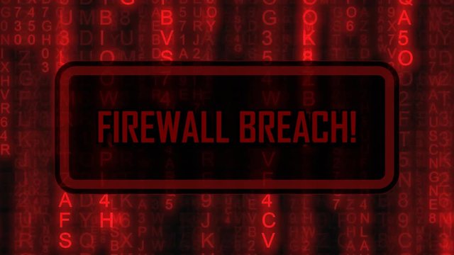 The text Firewall breach, appearing on a board over random symbols falling down (code rain, a popular sci-fi movie effect), changing their color from green to red.
