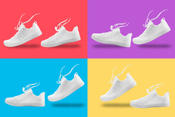 Pair of White sneaker four composition like walking and floating rope isolated on four color ...