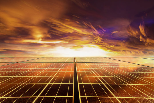 Solar cell panel with Drametic sky at sunset time  by time stack technic