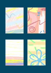Set of vertical abstract trendy cards, backgrounds, covers, invitations, flyers . Brush strokes, sketch, watercolour, doodle.