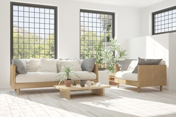 Idea of white room with sofa and summer landscape in window. Scandinavian interior design. 3D illustration