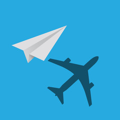 paper plane with real plane shadow on blue background