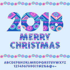 Vector colorful Merry Christmas 2018 Greeting Card for Children. Bright Alphabet Letters, Numbers, Symbols.