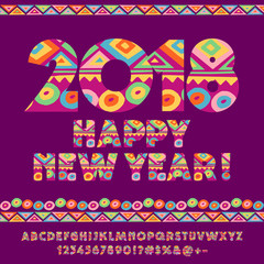 Vector bohemian style Children greeting card Happy New Year 2018. Vector colorful pattern Alphabet letters, Numbers and Symbols