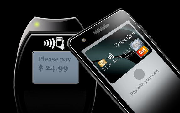 This Is A Generic Tap To Pay Illustration. Pictured Is A Card Reader And A Cell Phone Equipped For A Tap And Pay Transaction Sending Credit Card Info To The Reader.