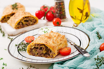 Appetizing strudel with minced beef, onions and herbs