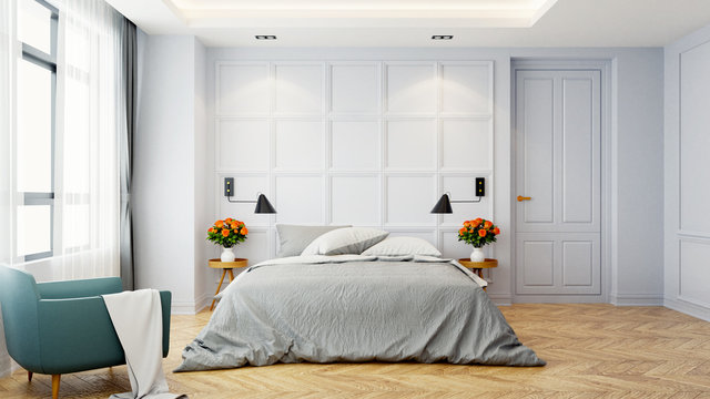 Vintage Modern  interior of  bed room, White bed  with wall lamp on  parguet flooring and white wall  ,3d rendering