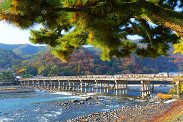 Fototapeta na wymiar View of Katsura river during autumn in Arashiyama district, Kyoto, Japan.