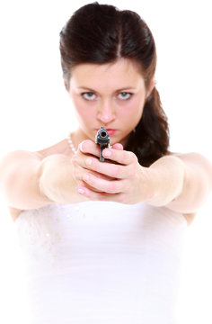 sexy detective spy woman holding gun isolated