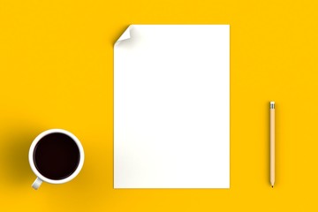Coffee cup with blank paper on yellow background, Top view with copyspace for your text, 3D rendering