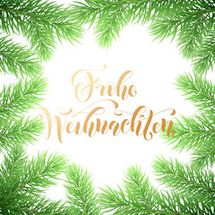 Frohe Weihnachten German Merry Christmas holiday golden hand drawn calligraphy text for greeting card of wreath decoration and Christmas garland frame. Vector winter season goldent font and background