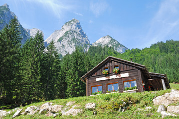 Fototapeta na wymiar Wooden building and mountains at Gosau, Austria
