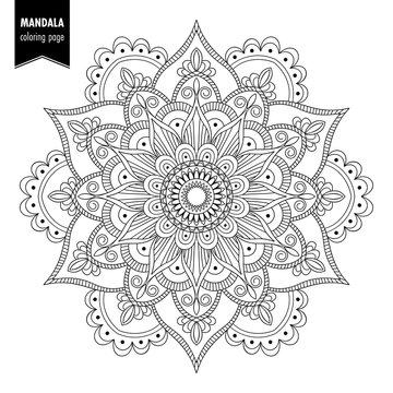 Monochrome ethnic mandala design. Anti-stress coloring page for adults. Hand drawn vector illustration