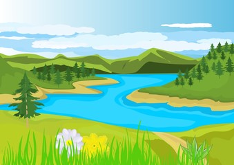 Obraz na płótnie Canvas River at hills, Nature landscape view, lake among hills, mountains in horizon, vector illustration