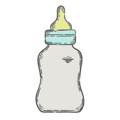 Vector hand drawn illustration. Baby bottle icon, newborn.
